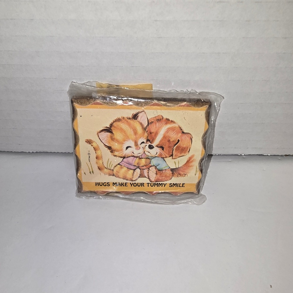 Vintage 1971 Paula Cutes Wooden Plaque Hugs Make Your Tummy Smile Sealed 70s Art